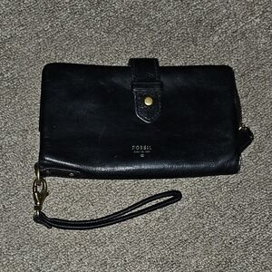 Fossil Black Leather Clutch with Gold Accents